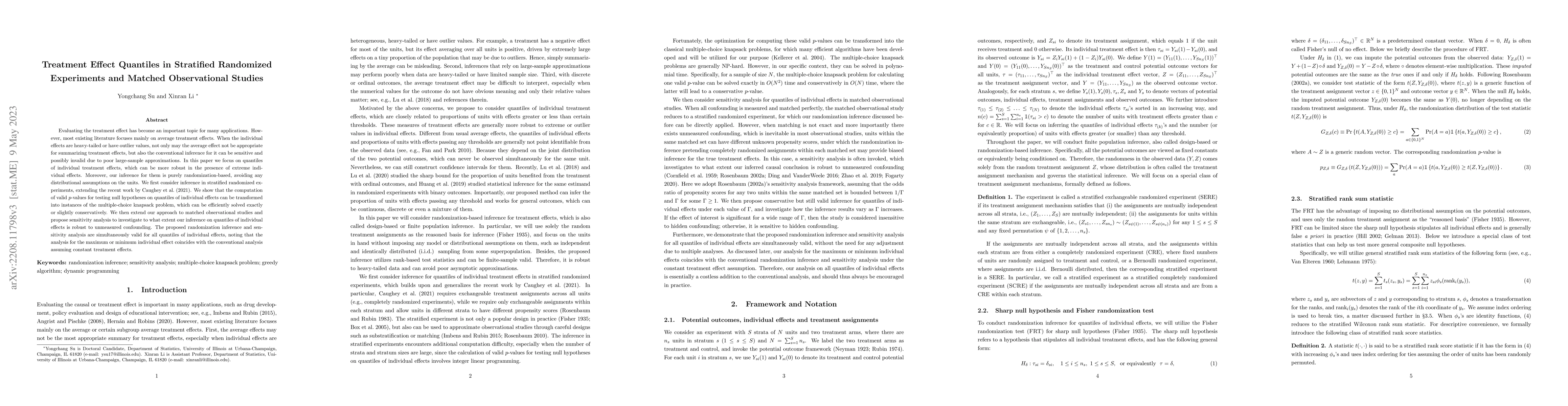 Thumbnail for Treatment Effect Quantiles in Stratified Randomized Experiments and
  Matched Observational Studies