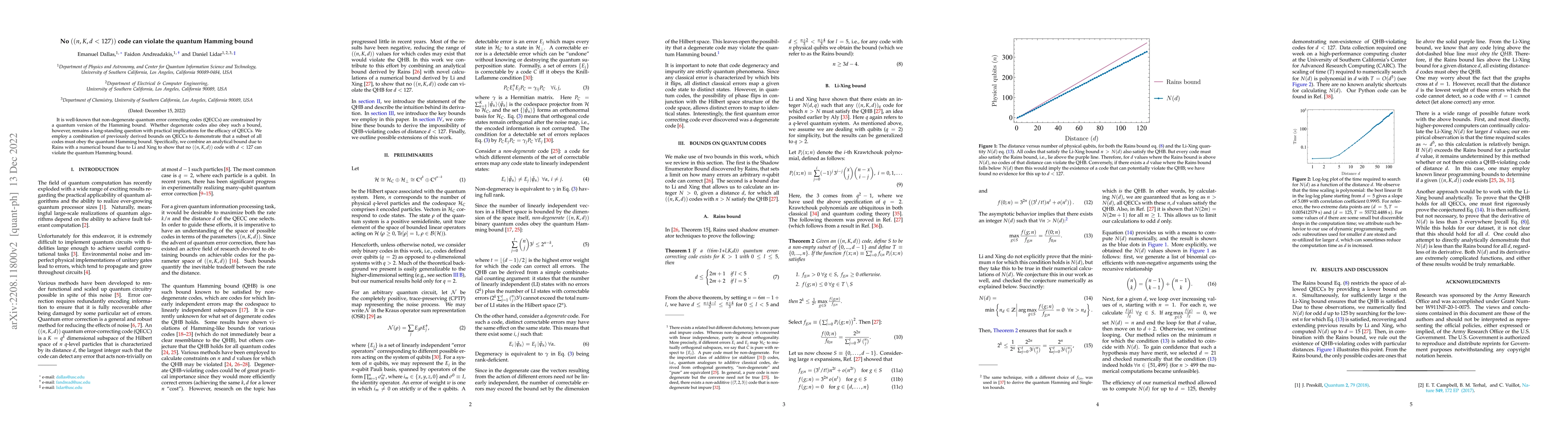 Thumbnail for No ((n, k, d < 127)) code can violate the quantum Hamming bound