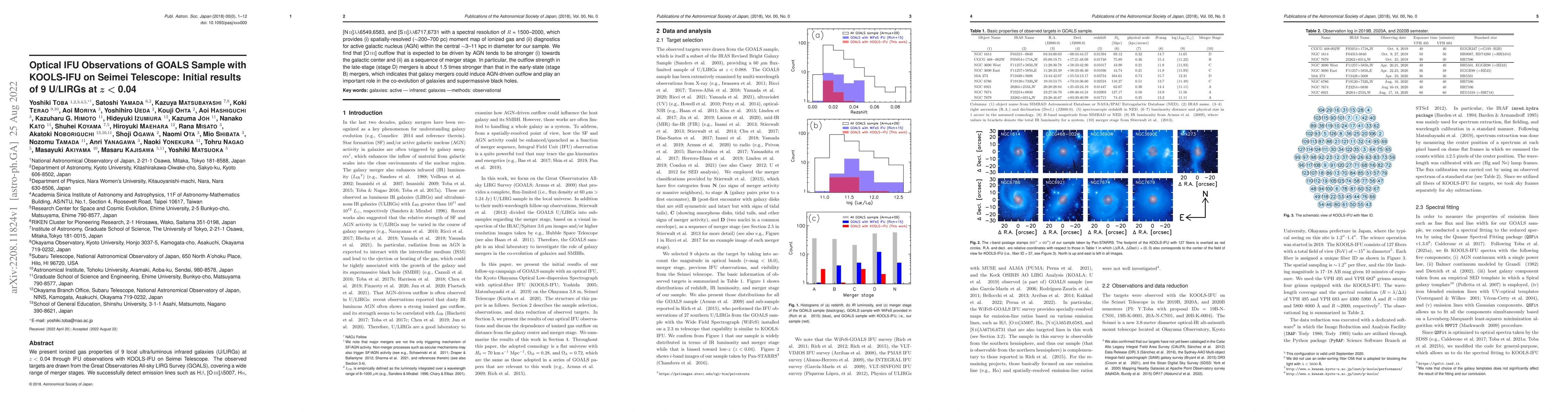 Thumbnail for Optical IFU Observations of GOALS Sample with KOOLS-IFU on Seimei
  Telescope: Initial results of 9 U/LIRGs at $z <$ 0.04