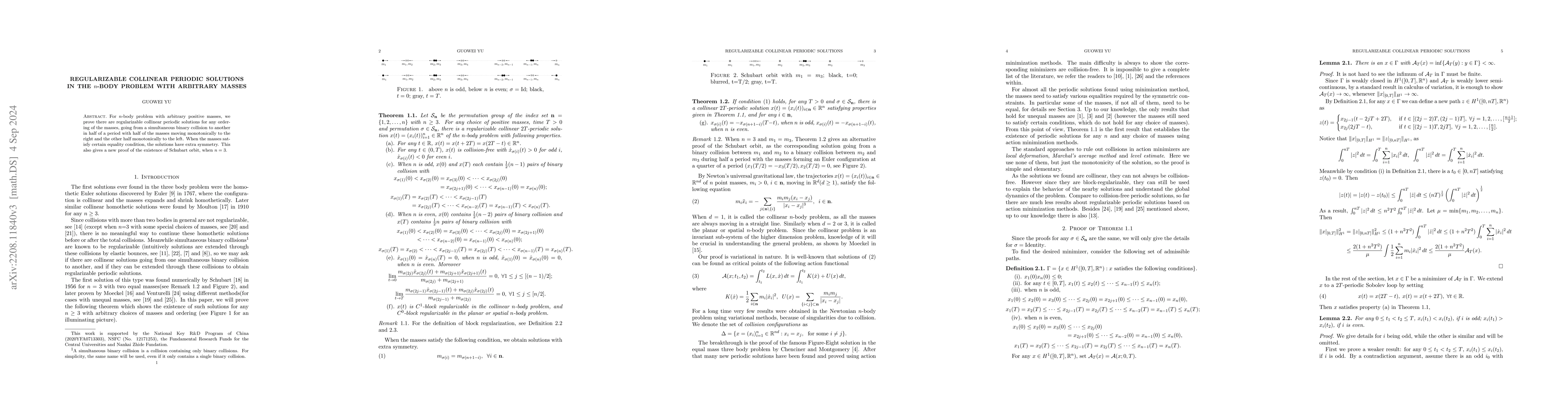 Thumbnail for Regularizable collinear periodic solutions in the $n$-body problem with
  arbitrary masses