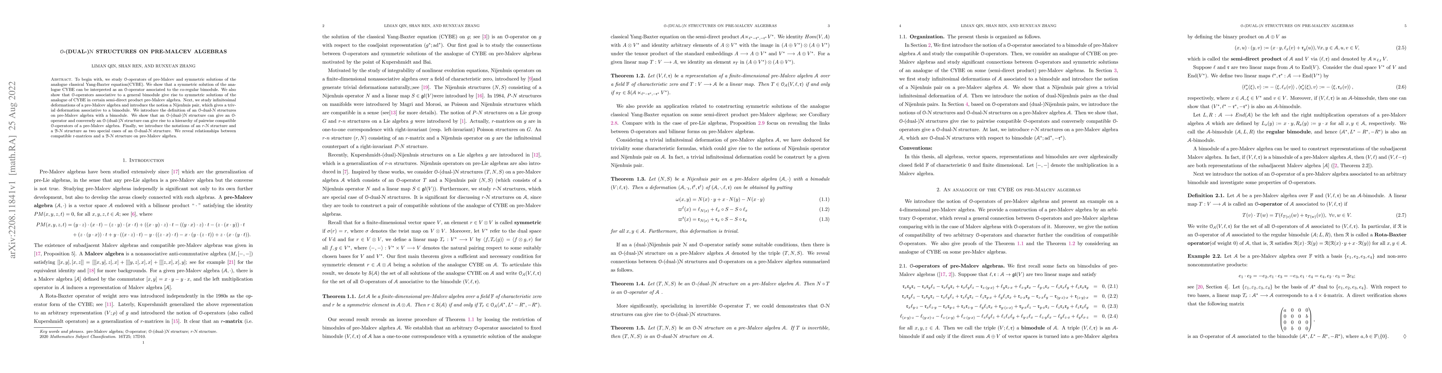 Thumbnail for $\mathcal{O}$-(dual-)$\mathcal{N}$ structures on pre-Malcev algebras