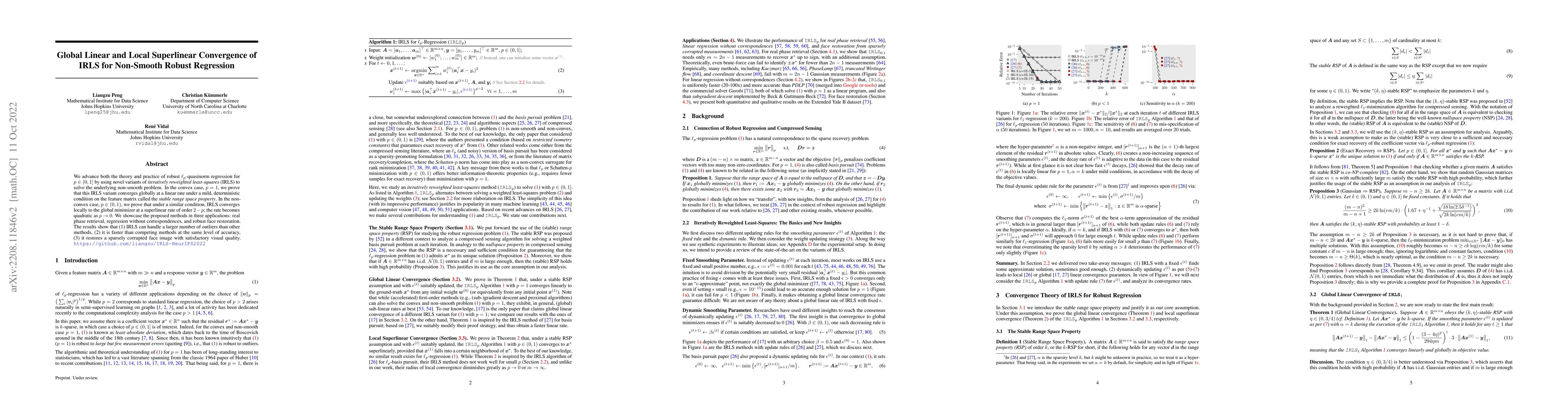 Thumbnail for Global Linear and Local Superlinear Convergence of IRLS for Non-Smooth
  Robust Regression