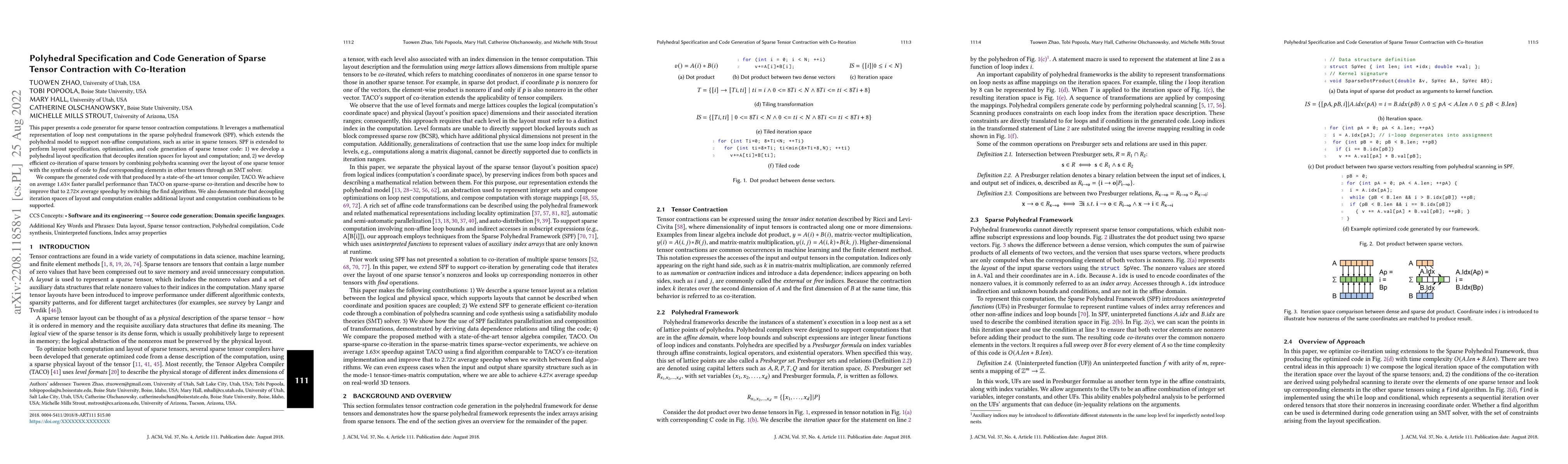 Thumbnail for Polyhedral Specification and Code Generation of Sparse Tensor
  Contraction with Co-Iteration