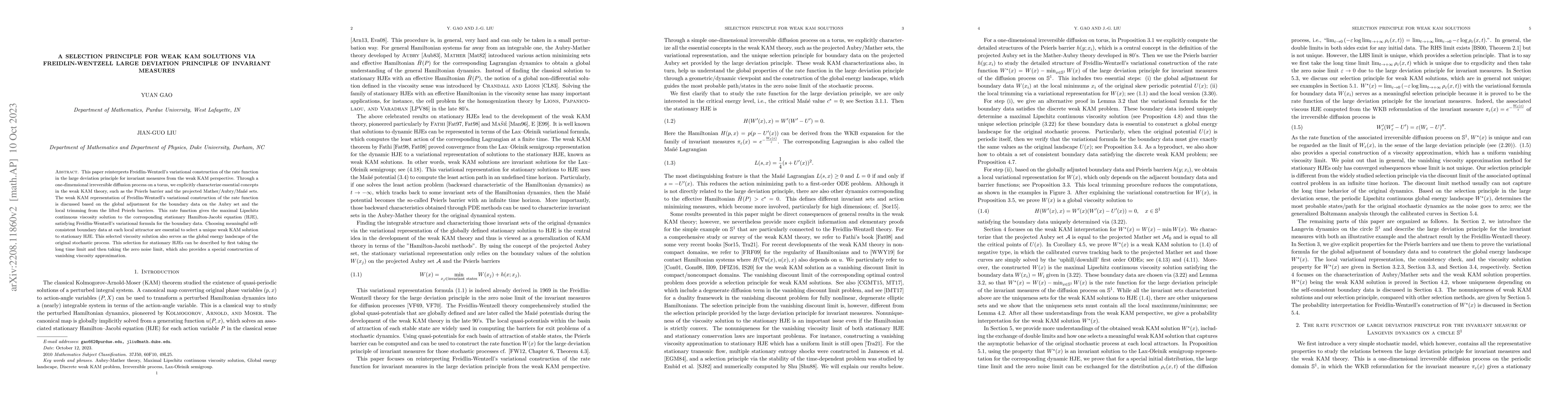 Thumbnail for A selection principle for weak KAM solutions via Freidlin-Wentzell large
  deviation principle of invariant measures
