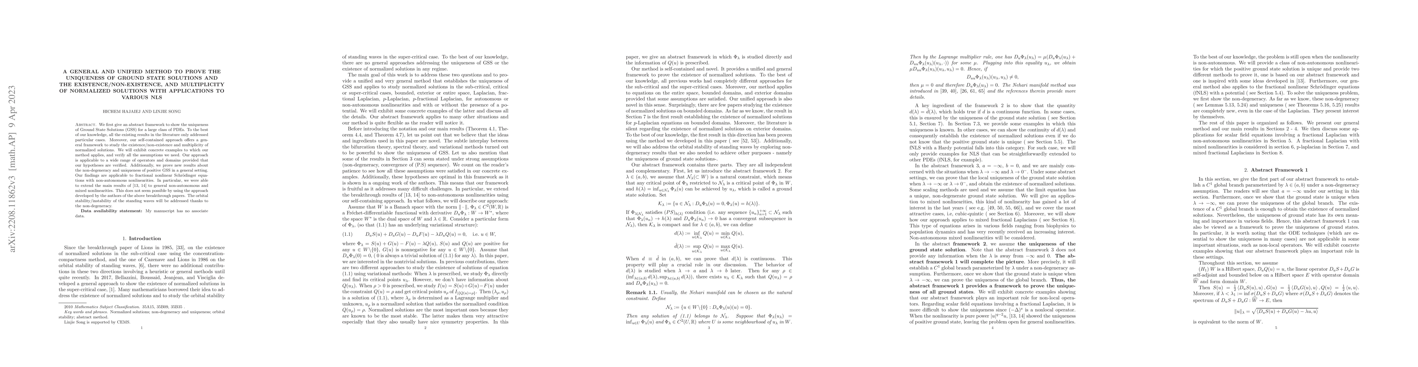 Thumbnail for A General and Unified Method to prove the Uniqueness of Ground State
  Solutions and the Existence/Non-existence, and Multiplicity of Normalized
  Solutions with applications to various NLS