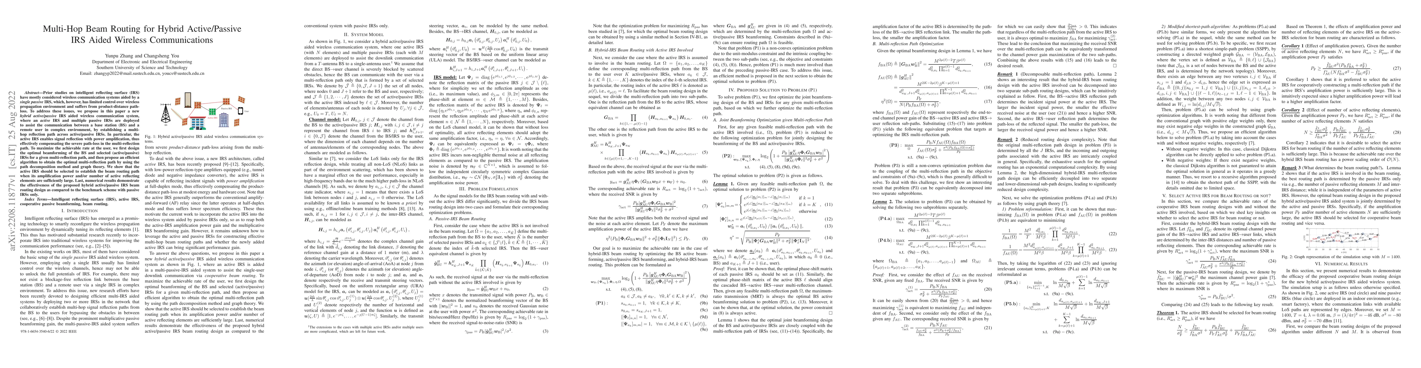 Thumbnail for Multi-Hop Beam Routing for Hybrid Active/Passive IRS Aided Wireless
  Communications