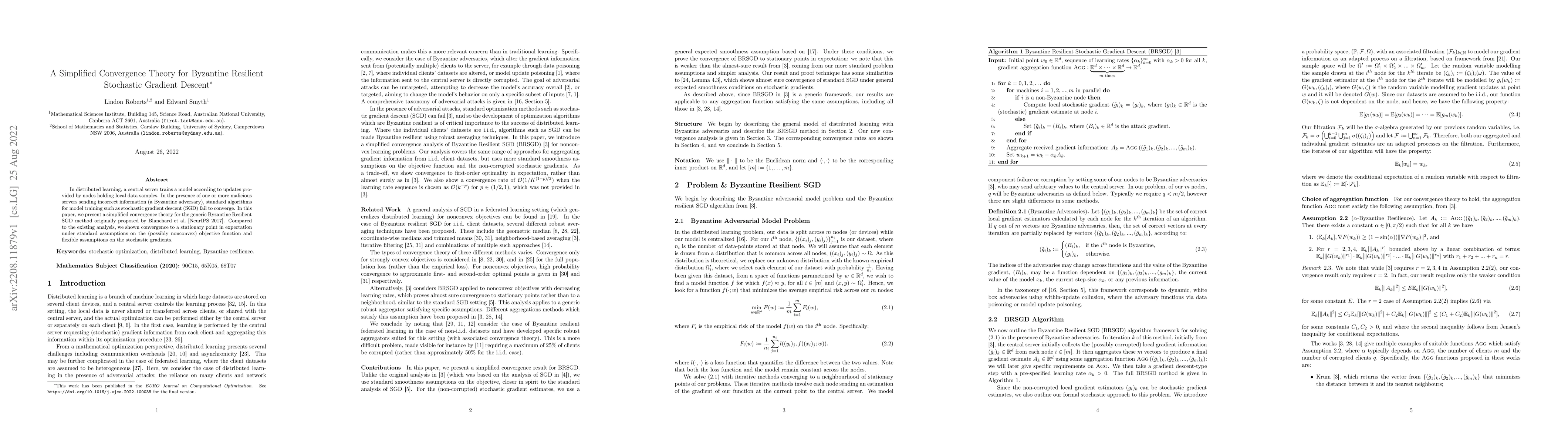 Thumbnail for A simplified convergence theory for Byzantine resilient stochastic
  gradient descent