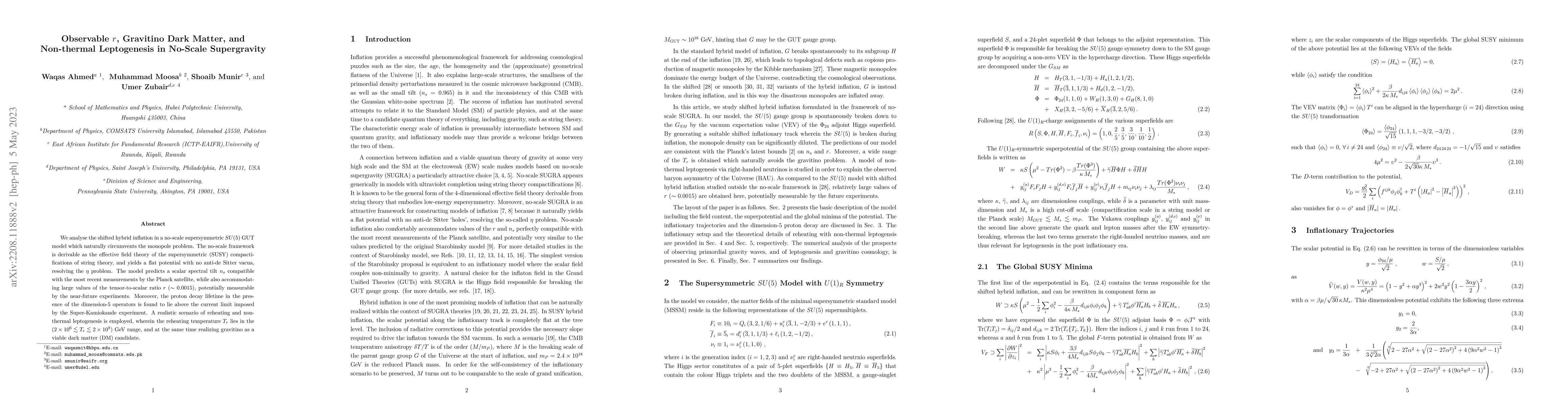 Thumbnail for Observable r, Gravitino Dark Matter, and Non-thermal Leptogenesis in
  No-Scale Supergravity