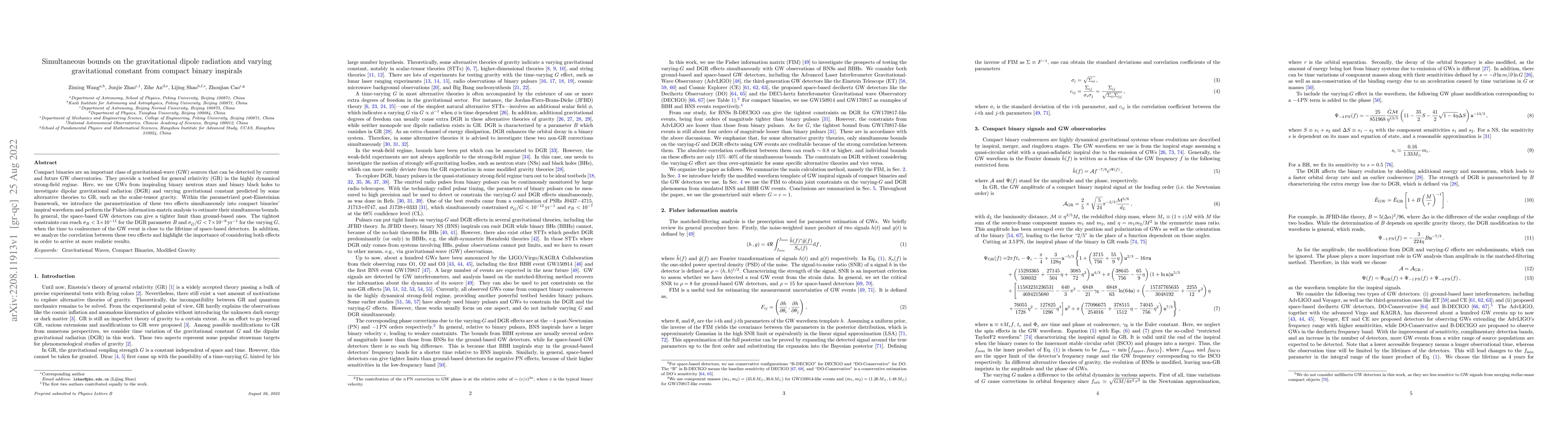 Thumbnail for Simultaneous bounds on the gravitational dipole radiation and varying
  gravitational constant from compact binary inspirals