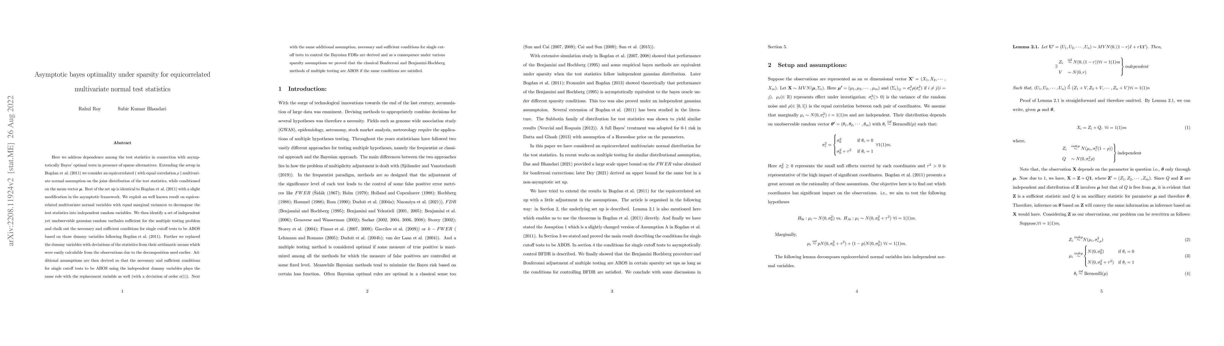 Thumbnail for Asymptotic bayes optimality under sparsity for equicorrelated
  multivariate normal test statistics