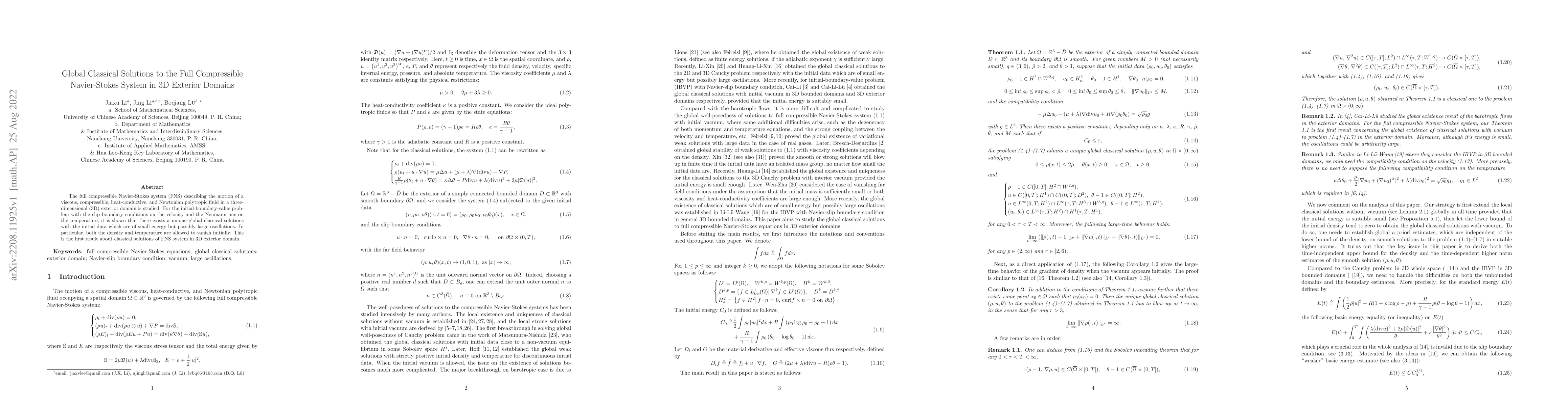 Thumbnail for Global Classical Solutions to the Full Compressible Navier-Stokes System
  in 3D Exterior Domains