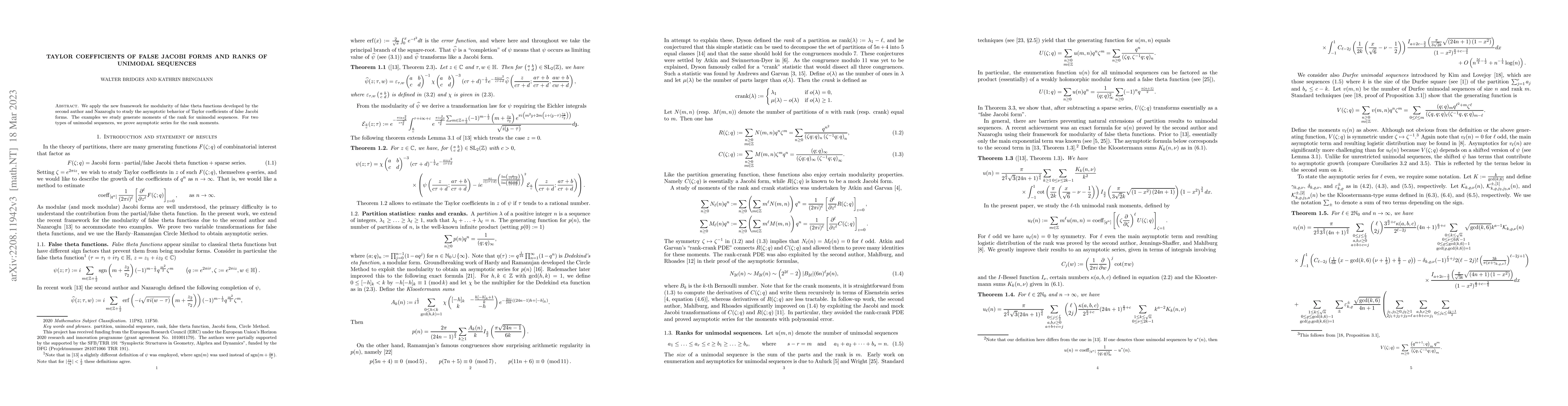 Thumbnail for Taylor coefficients of false Jacobi forms and ranks of unimodal
  sequences