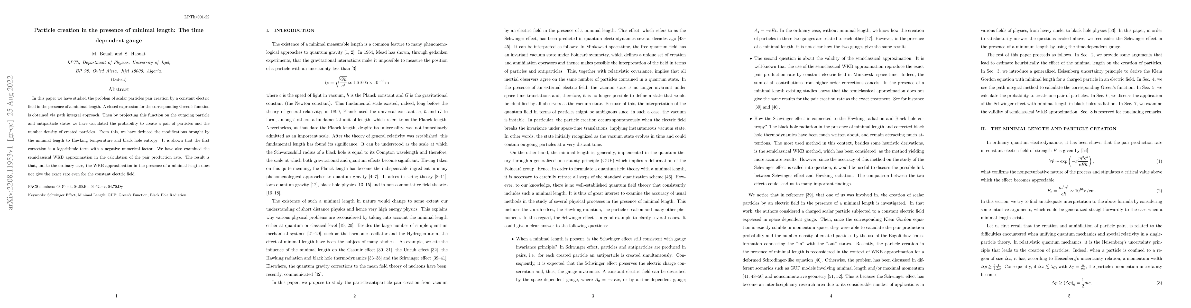 Thumbnail for Particle creation in the presence of minimal length: The time dependent
  gauge