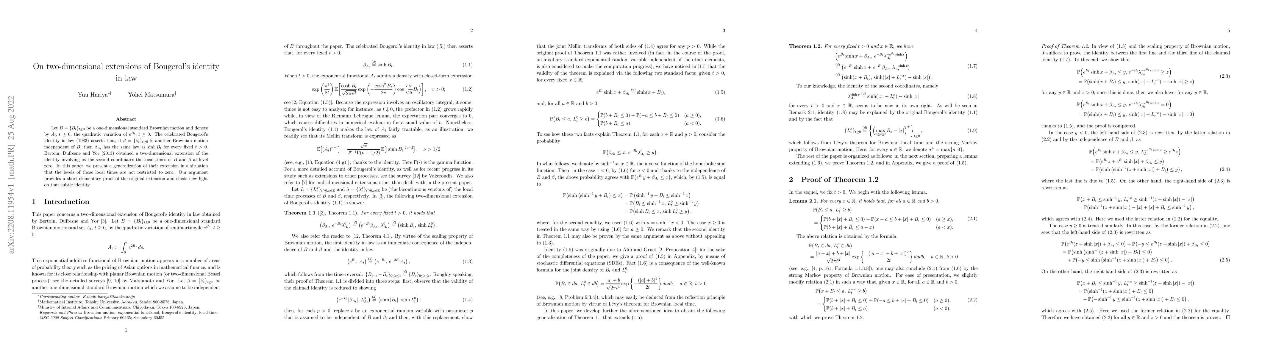 Thumbnail for On two-dimensional extensions of Bougerol's identity in law
