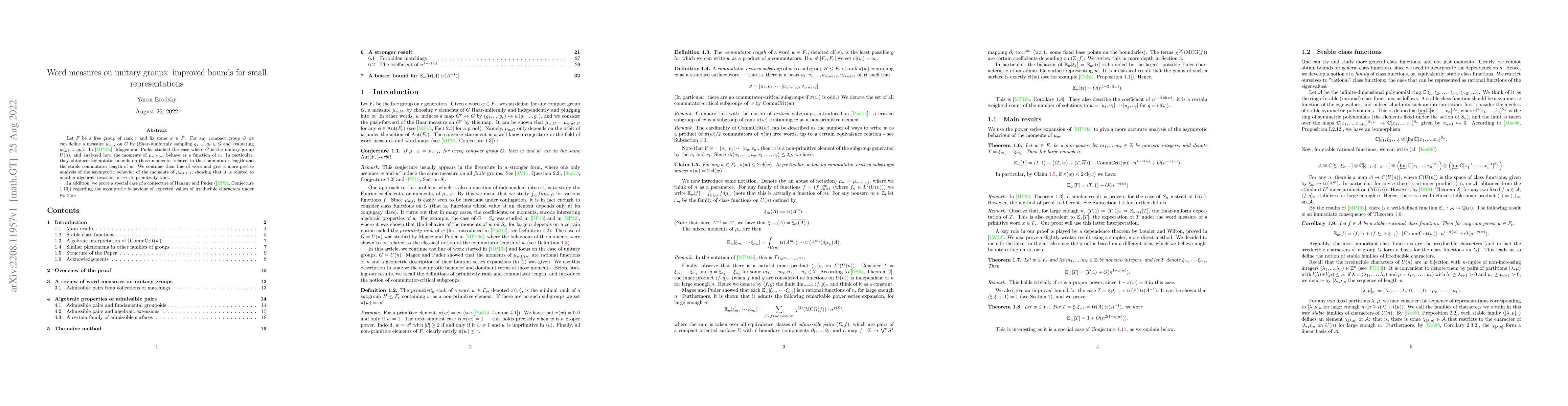 Thumbnail for Word Measures on Unitary Groups: Improved Bounds for Small
  Representations