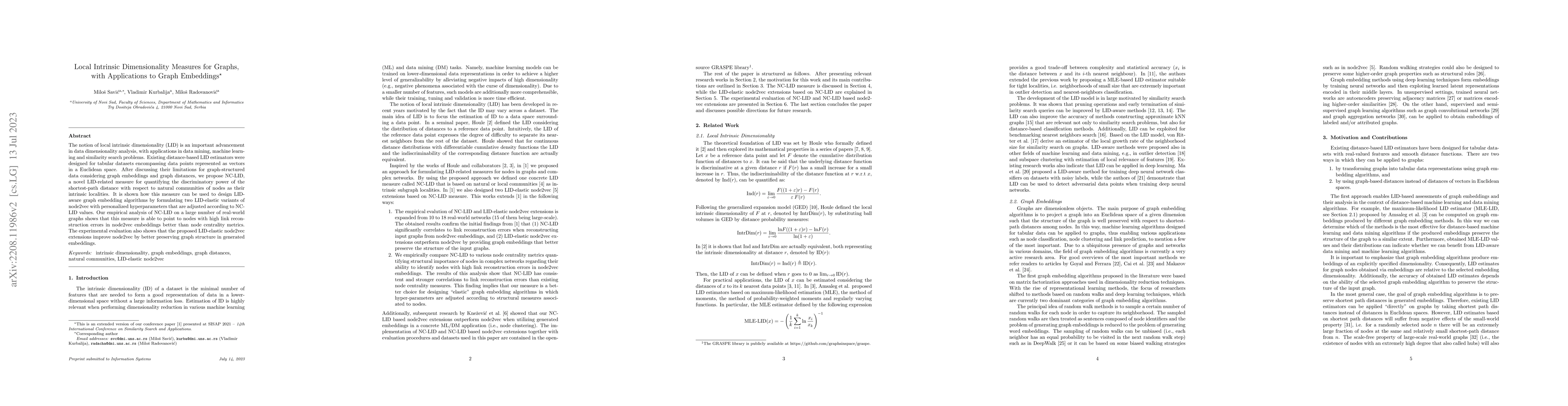 Thumbnail for Local Intrinsic Dimensionality Measures for Graphs, with Applications to
  Graph Embeddings