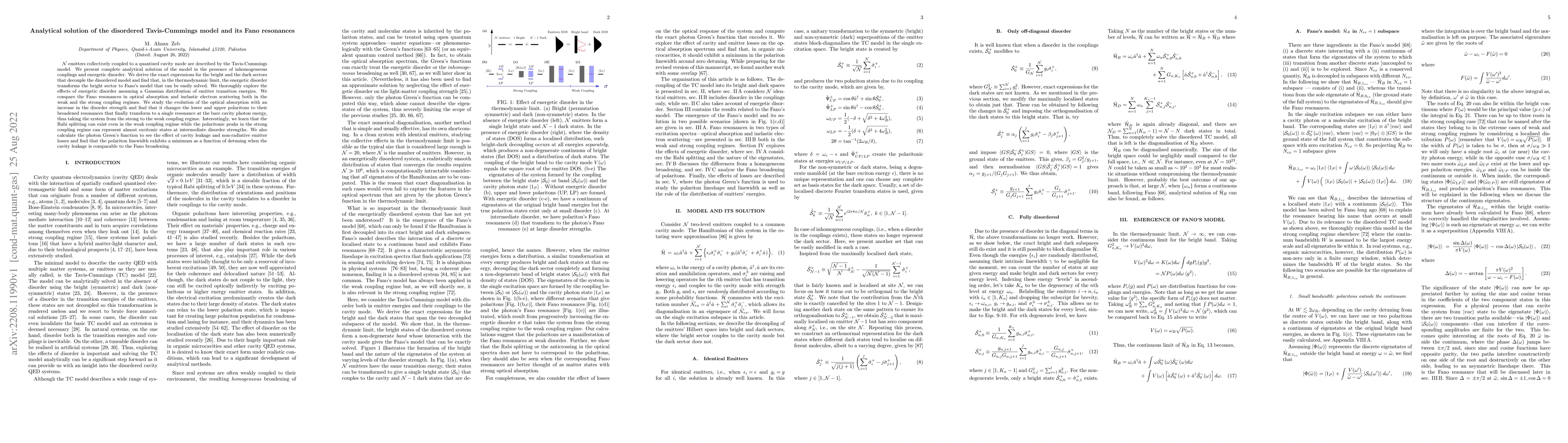 Thumbnail for Analytical solution of the disordered Tavis-Cummings model and its Fano
  resonances