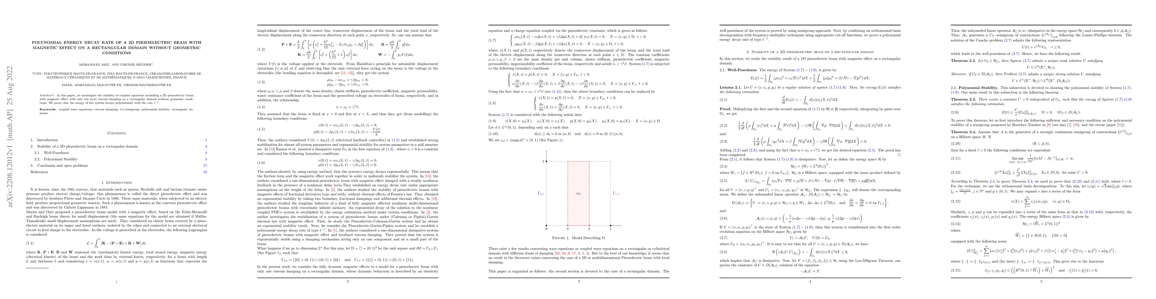 Thumbnail for Polynomial energy decay rate of a 2D Piezoelectric beam with magnetic
  effect on a rectangular domain without geometric conditions