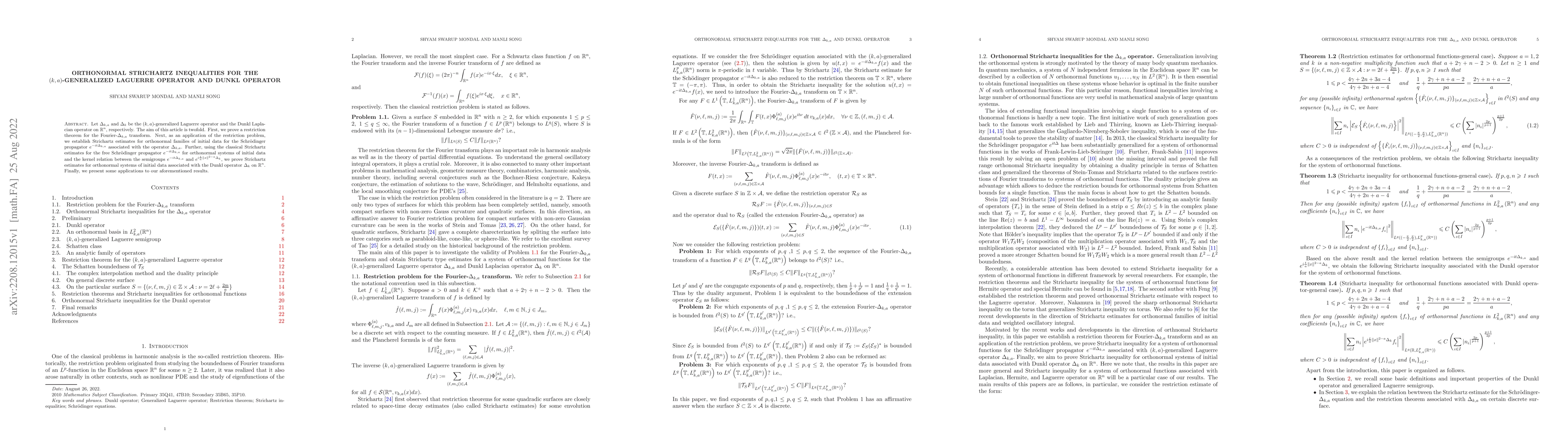 Thumbnail for Orthonormal Strichartz inequalities for the $(k, a)$-generalized
  Laguerre operator and Dunkl operator