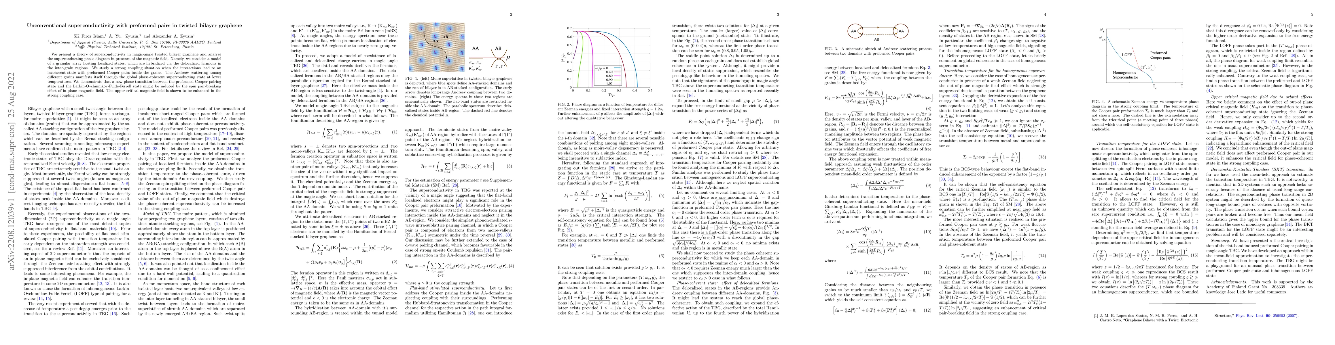 Thumbnail for Unconventional superconductivity with preformed pairs in twisted bilayer
  graphene