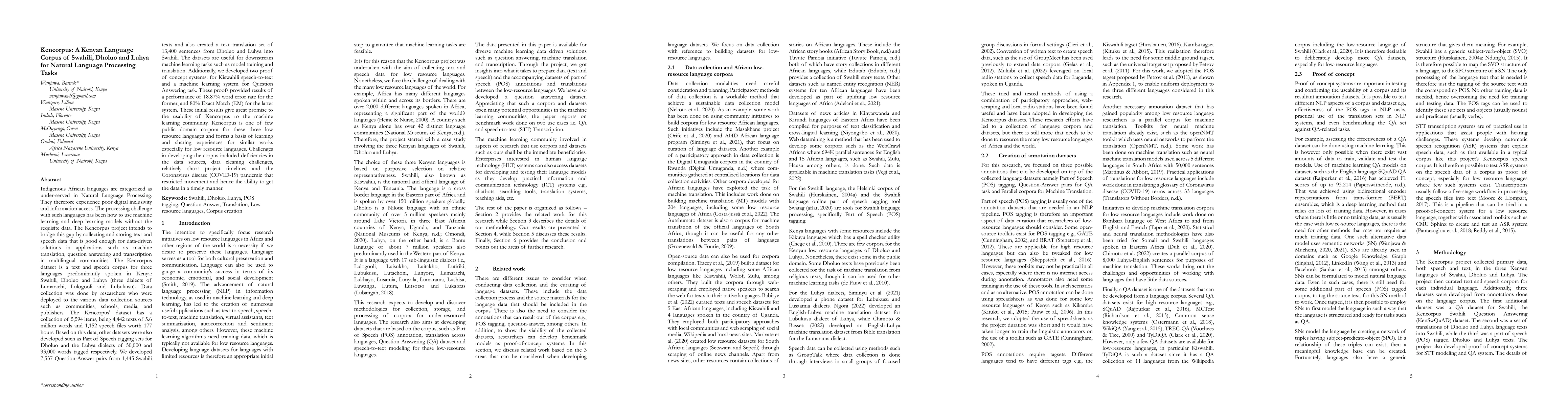Thumbnail for Kencorpus: A Kenyan Language Corpus of Swahili, Dholuo and Luhya for
  Natural Language Processing Tasks