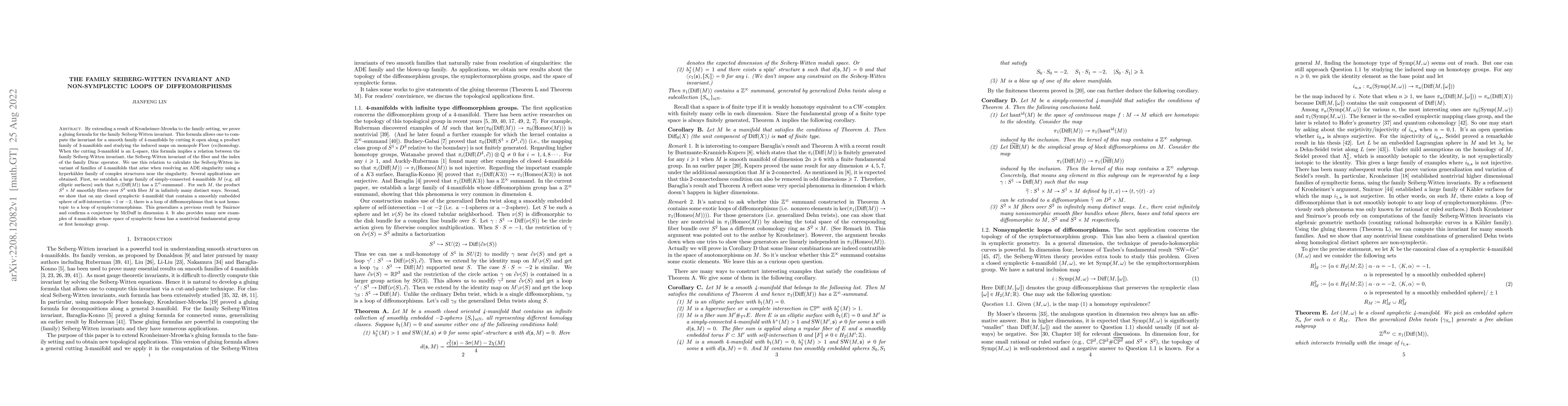 Thumbnail for The Family Seiberg-Witten Invariant and nonsymplectic loops of
  diffeomorphisms