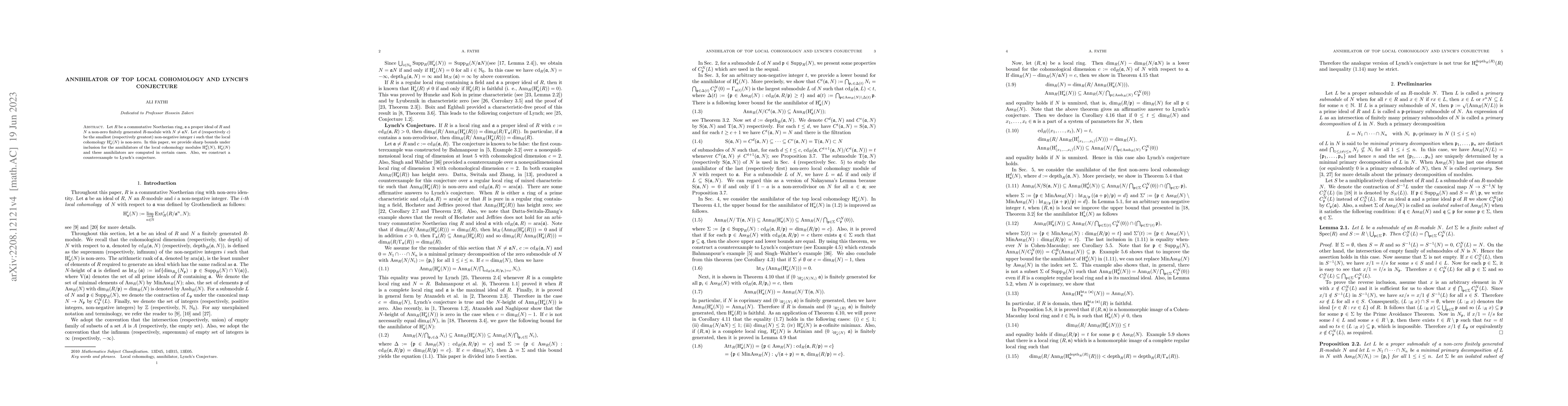 Thumbnail for Annihilator of Top Local Cohomology and Lynch's Conjecture
