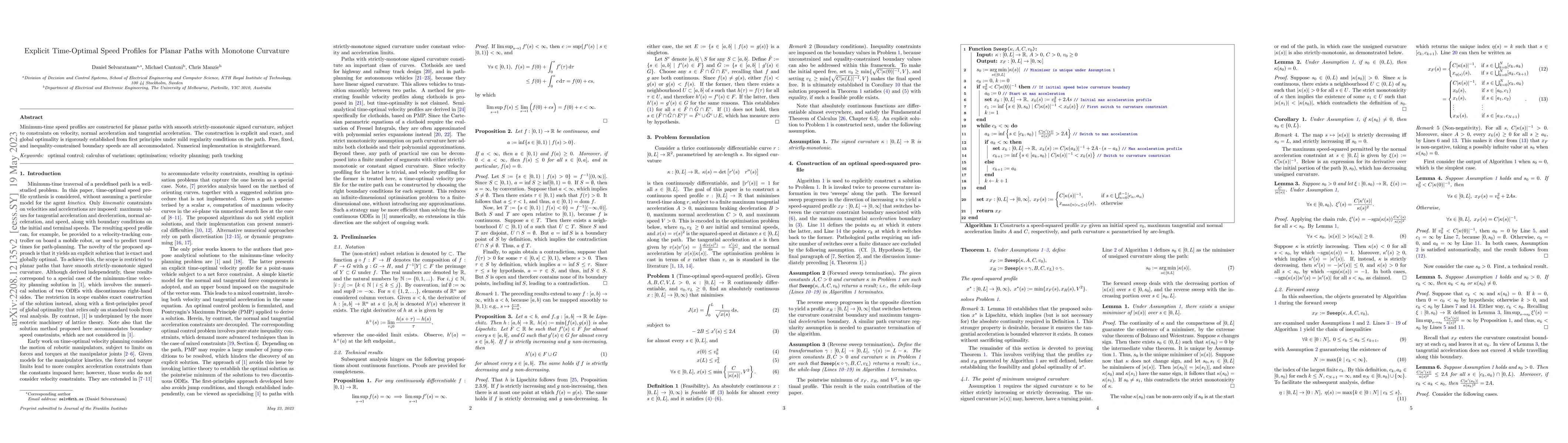 Thumbnail for Explicit Time-Optimal Speed Profiles for Planar Paths with Monotone
  Curvature