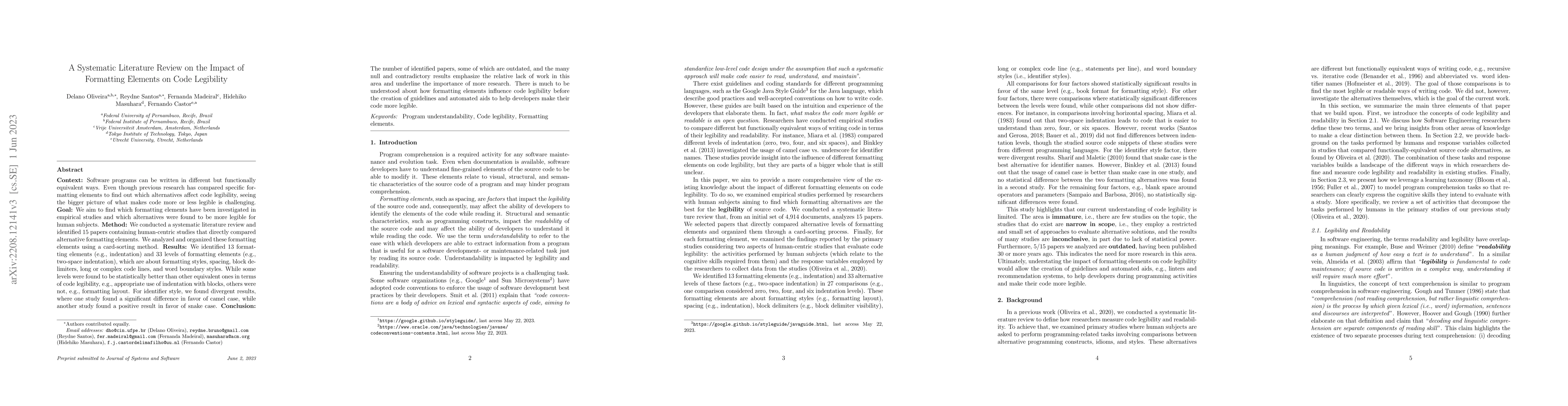 Thumbnail for A Systematic Literature Review on the Impact of Formatting Elements on
  Code Legibility