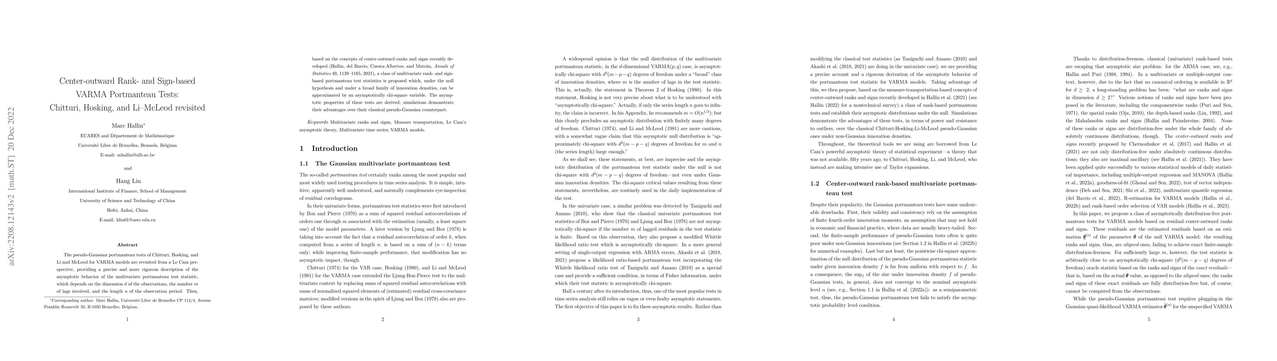 Thumbnail for Center-outward Rank- and Sign-based VARMA Portmanteau Tests: Chitturi,
  Hosking, and Li--McLeod revisited
