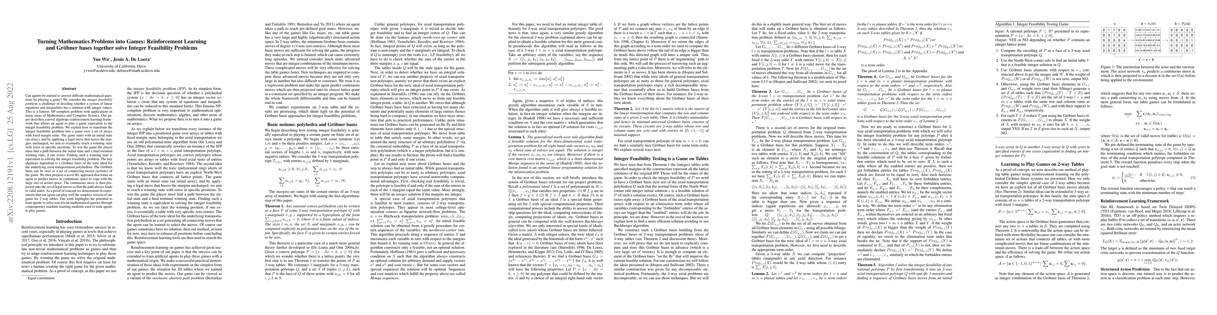 Thumbnail for Turning Mathematics Problems into Games: Reinforcement Learning and
  Gr\"obner bases together solve Integer Feasibility Problems
