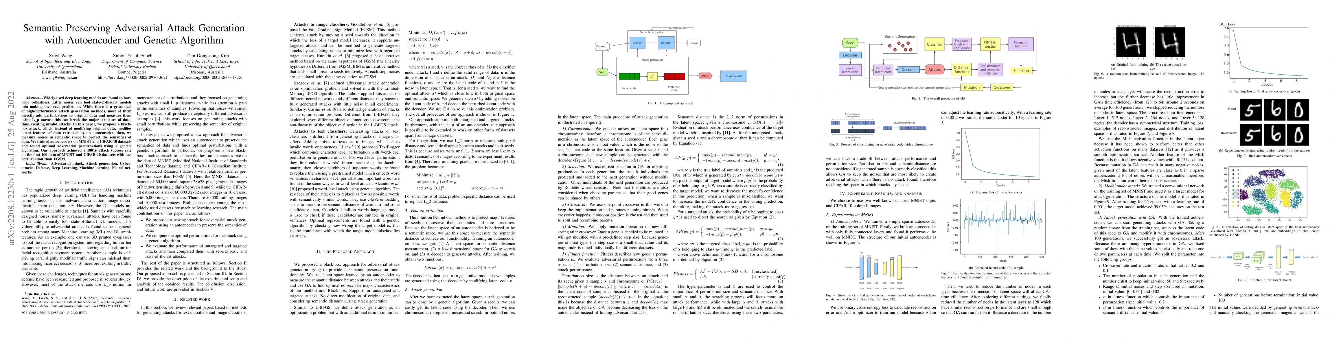 Thumbnail for Semantic Preserving Adversarial Attack Generation with Autoencoder and
  Genetic Algorithm