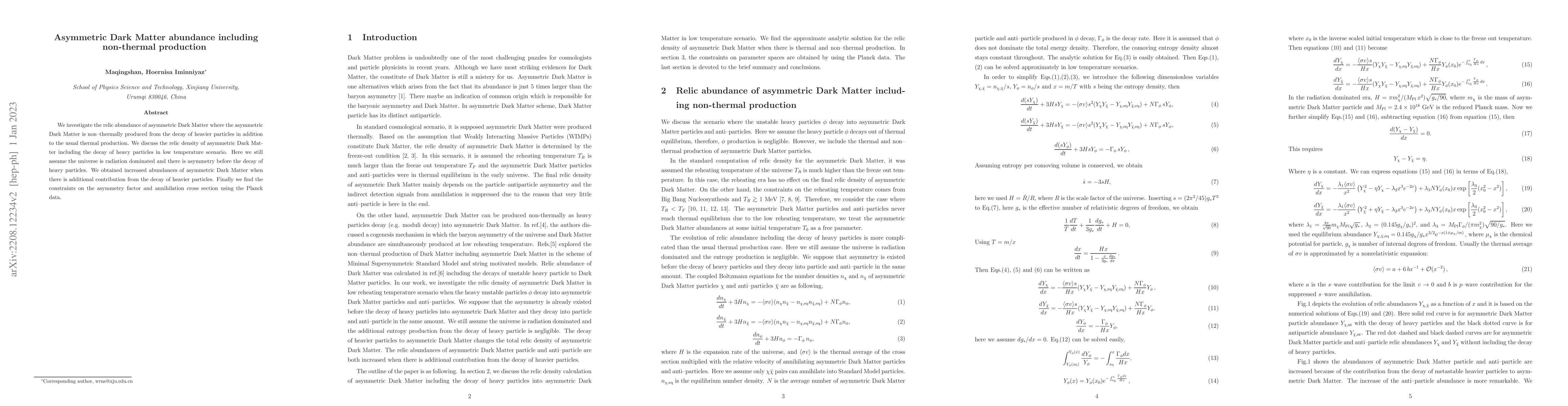 Thumbnail for Asymmetric Dark Matter Abundance Including Non-thermal production