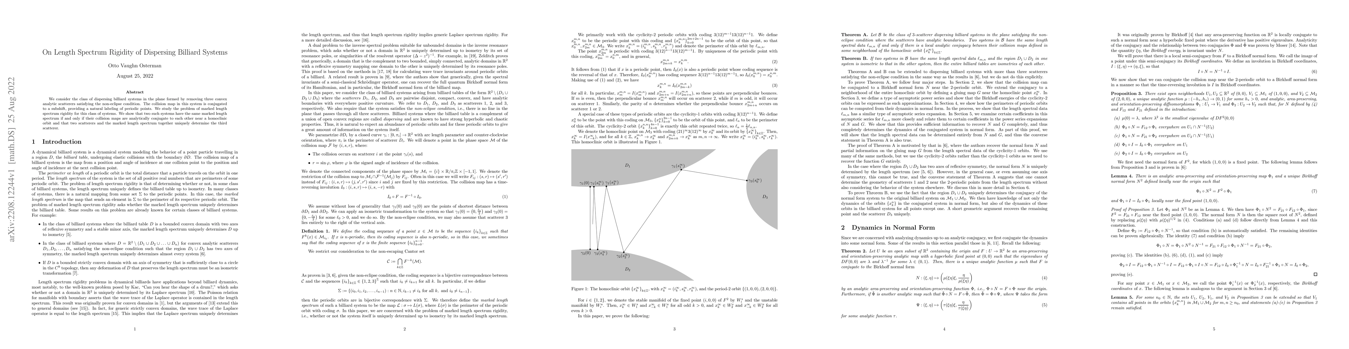 Thumbnail for On Length Spectrum Rigidity of Dispersing Billiard Systems