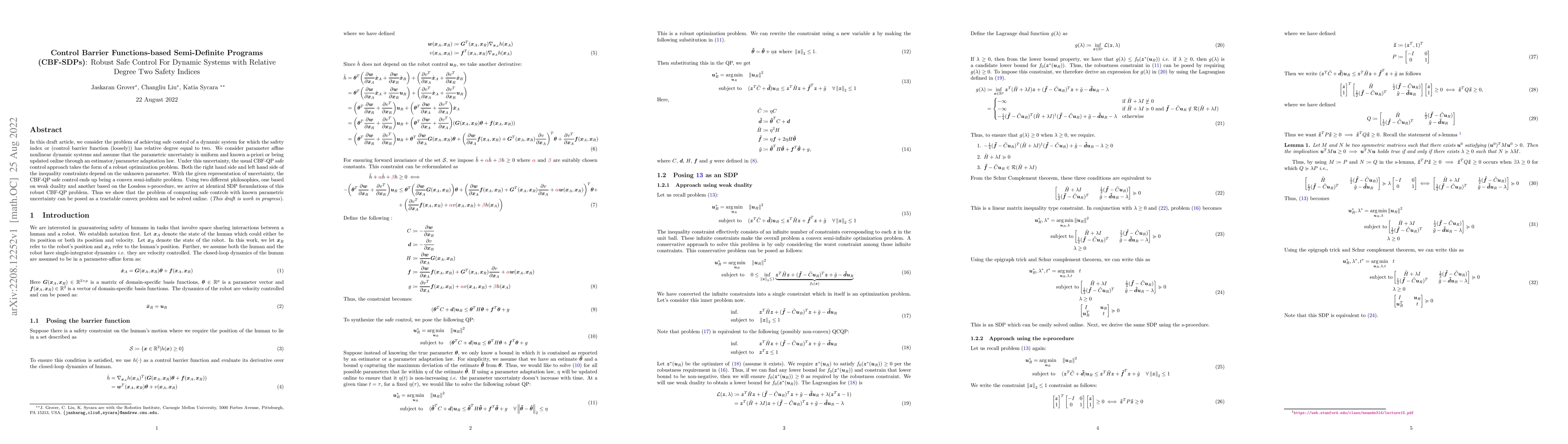 Thumbnail for Control Barrier Functions-based Semi-Definite Programs (CBF-SDPs):
  Robust Safe Control For Dynamic Systems with Relative Degree Two Safety
  Indices