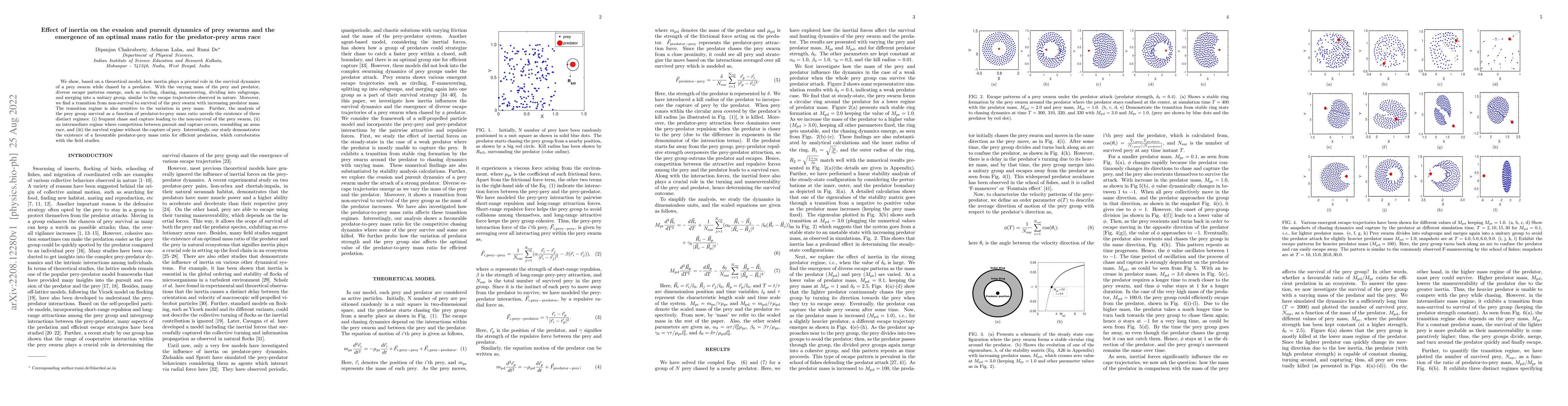 Thumbnail for Effect of inertia on the evasion and pursuit dynamics of prey swarms and
  the emergence of an optimal mass ratio for the predator-prey arms race