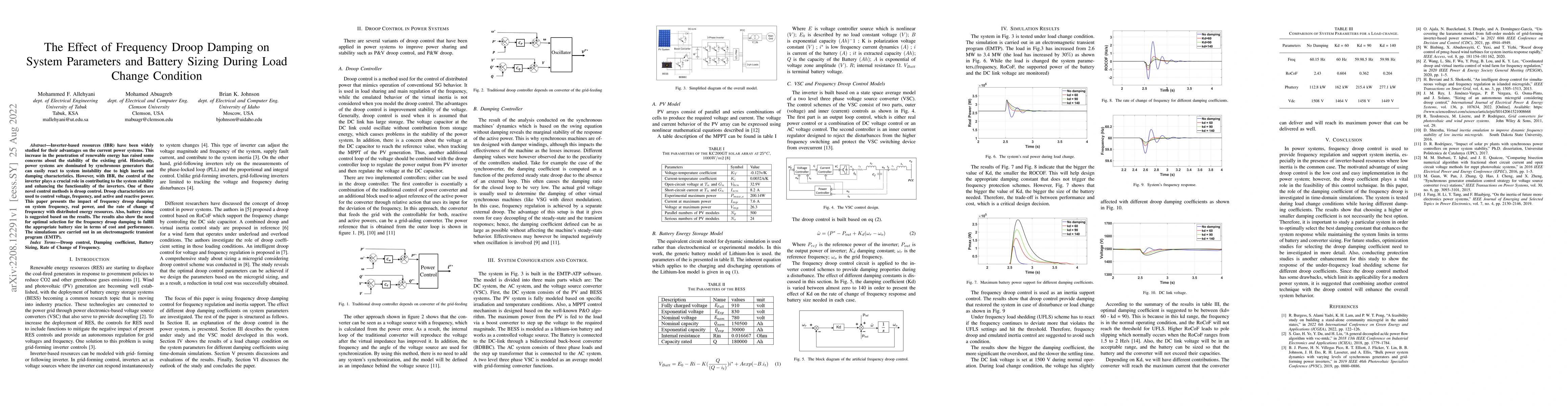 Thumbnail for The Effect of Frequency Droop Damping on System Parameters and Battery
  Sizing During Load Change Condition