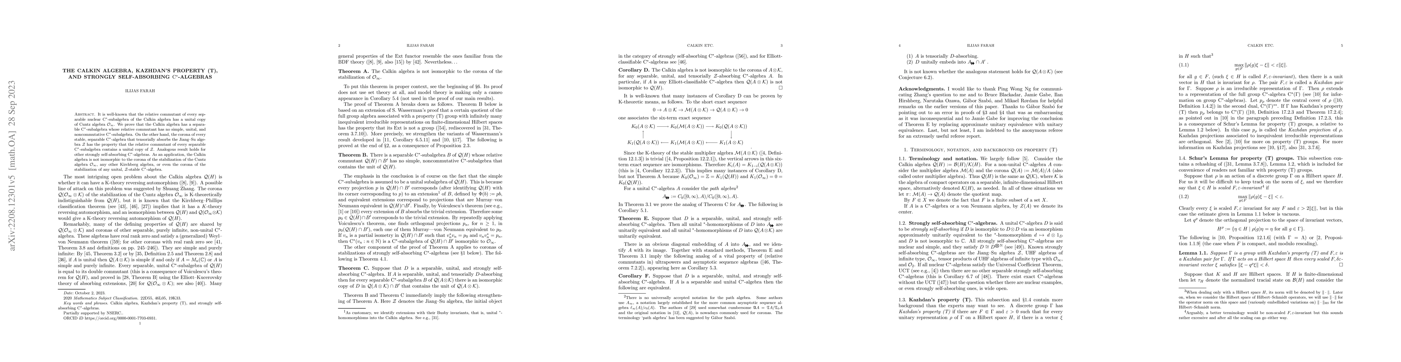 Thumbnail for Calkin algebra, Kazhdan's property (T), strongly self-absorbing
  C*-algebras