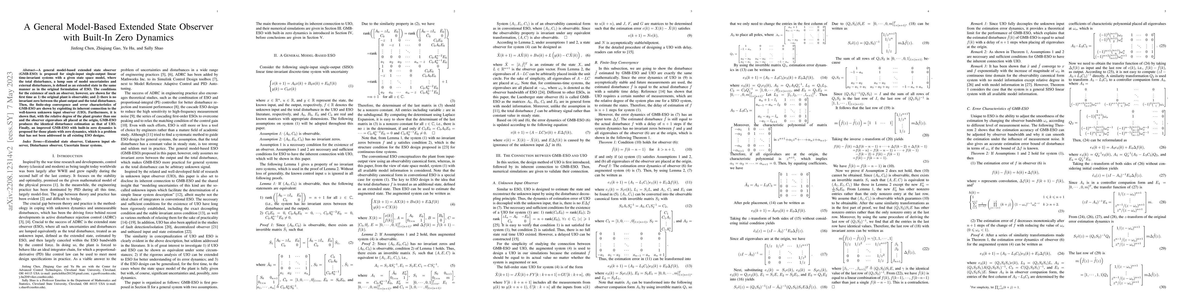 Thumbnail for A General Model-Based Extended State Observer with Built-In Zero
  Dynamics