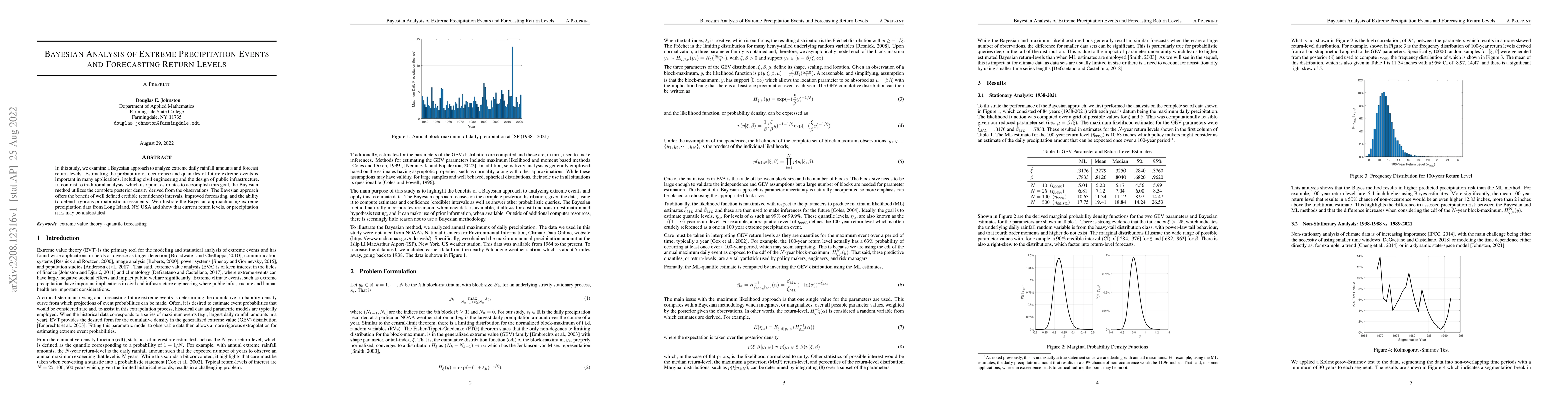 Thumbnail for Bayesian Analysis of Extreme Precipitation Events and Forecasting Return
  Levels