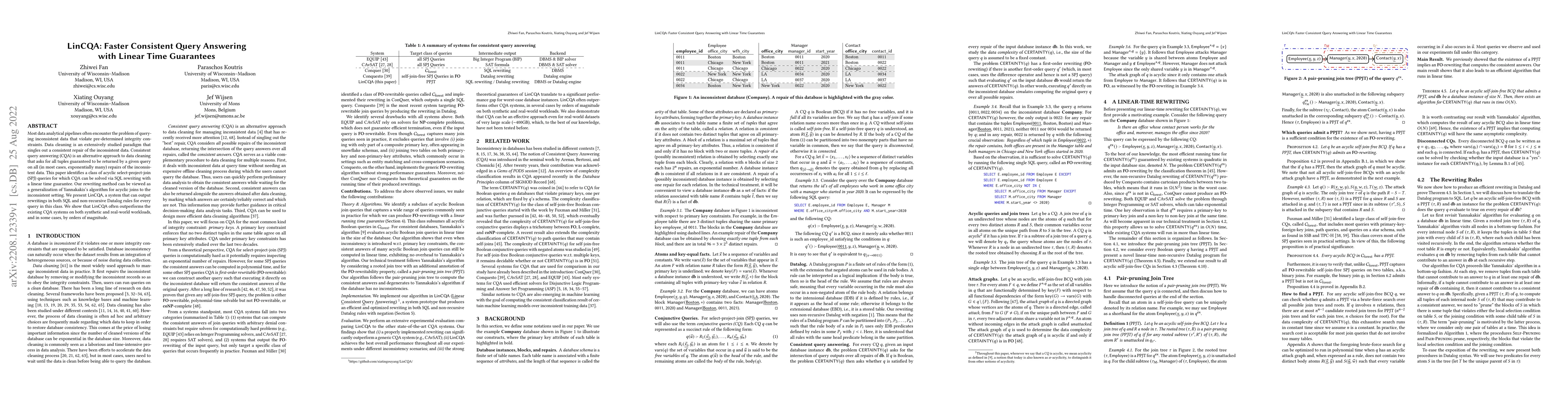 Thumbnail for LinCQA: Faster Consistent Query Answering with Linear Time Guarantees