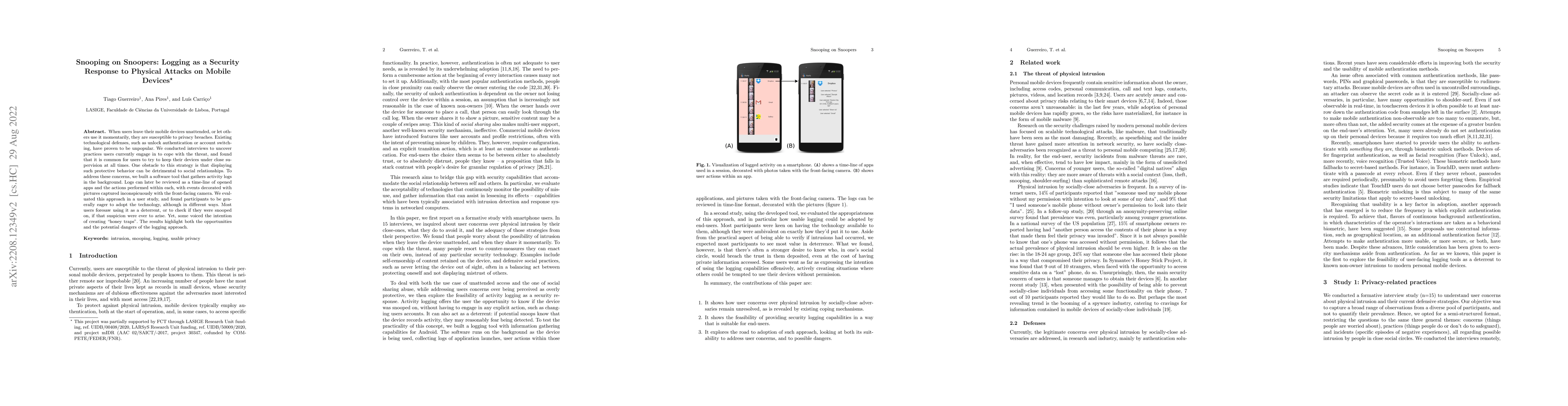 Thumbnail for Snooping on Snoopers: Logging as a Security Response to Physical Attacks
  on Mobile Devices