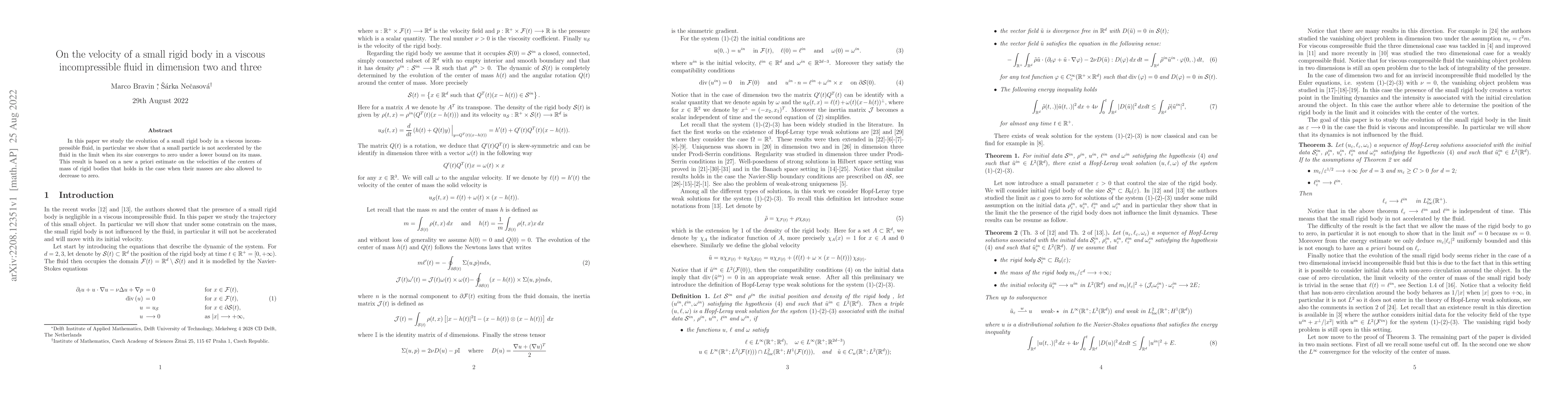 Thumbnail for On the velocity of a small rigid body in a viscous incompressible fluid
  in dimension two and three