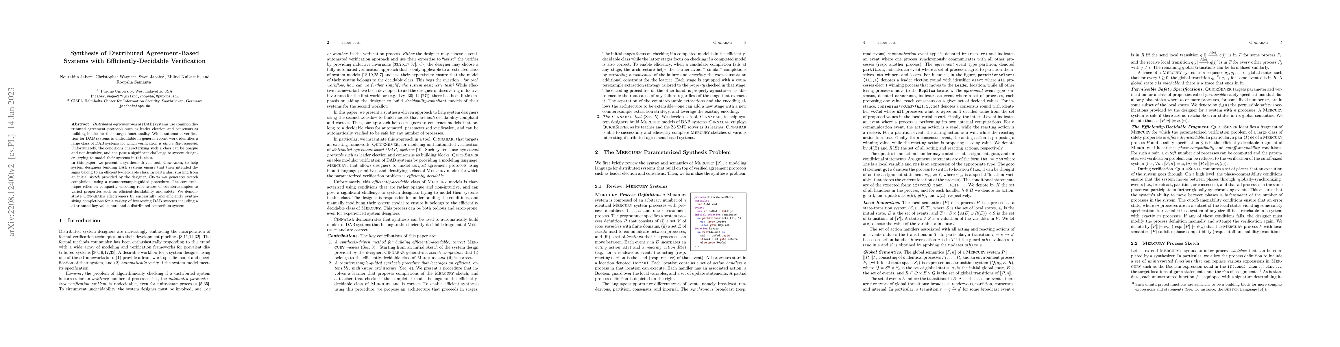 Thumbnail for Synthesis of Distributed Agreement-Based Systems with
  Efficiently-Decidable Verification (Extended Version)