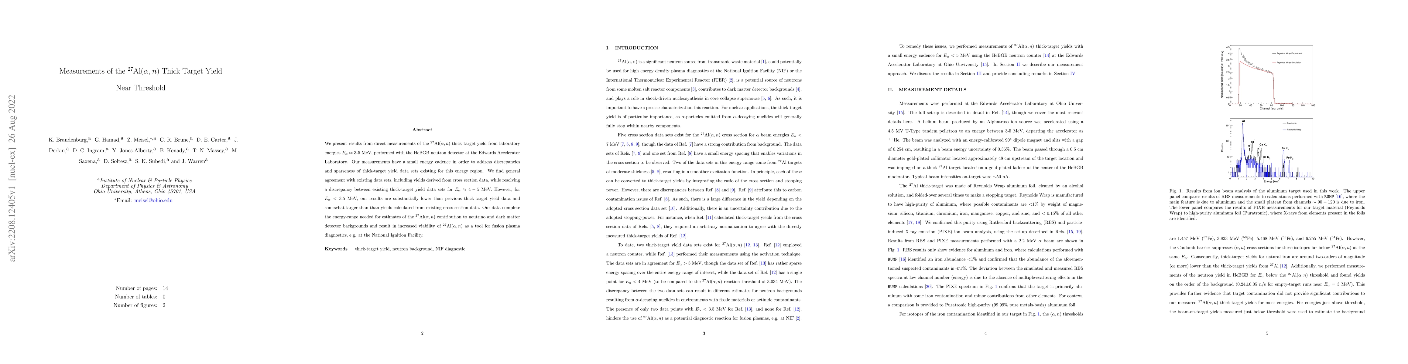 Thumbnail for Measurements of the $^{27}{\rm Al}(\alpha,n)$ Thick Target Yield Near
  Threshold