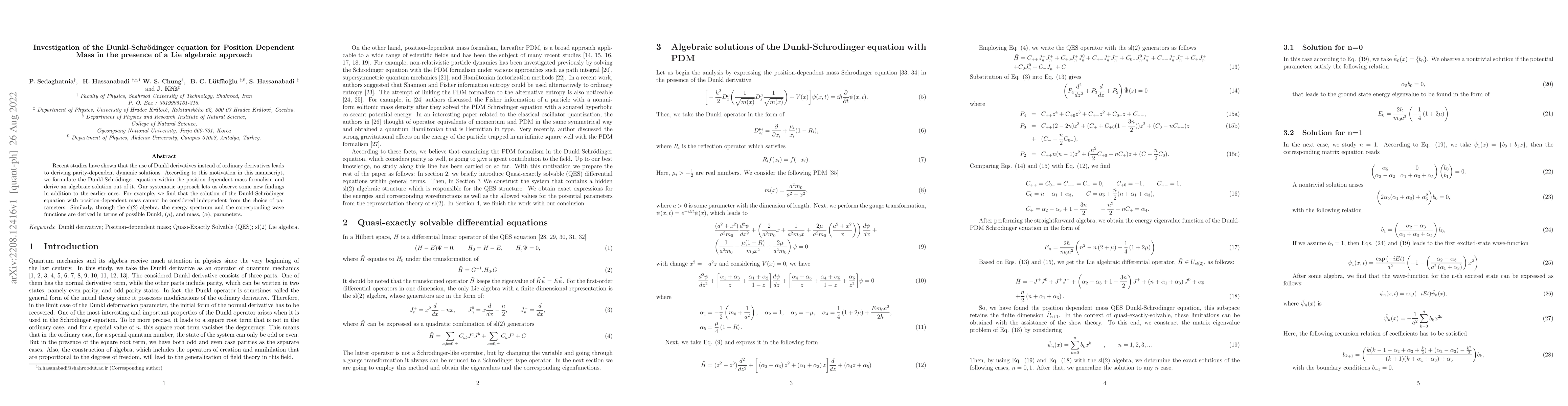 Thumbnail for Investigation of the Dunkl-Schr\"odinger equation for Position Dependent
  Mass in the presence of a Lie algebraic approach