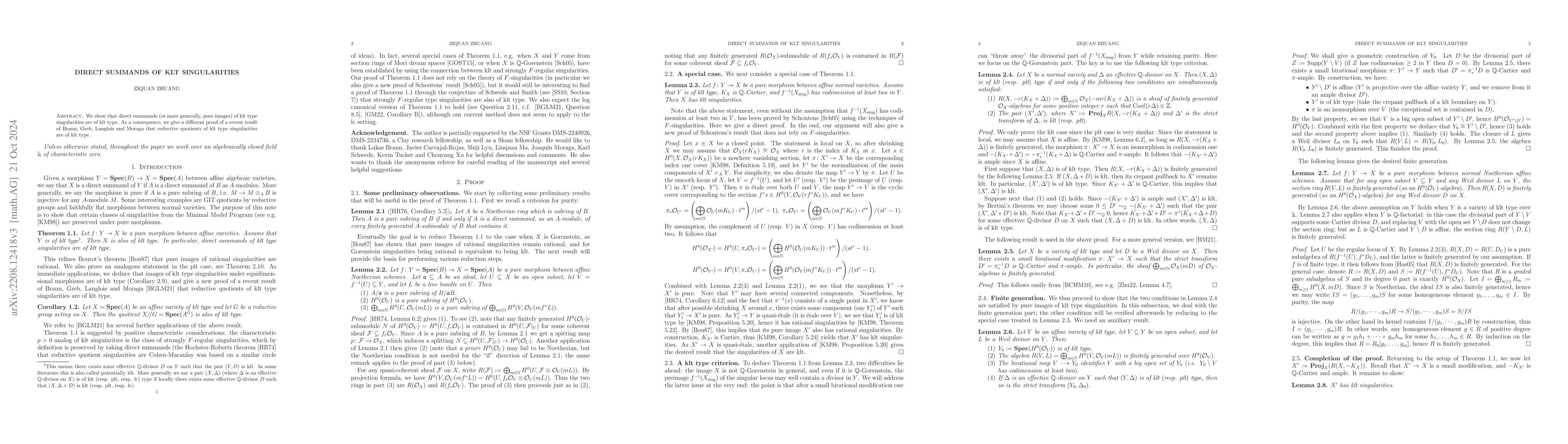 Thumbnail for Direct summands of klt singularities