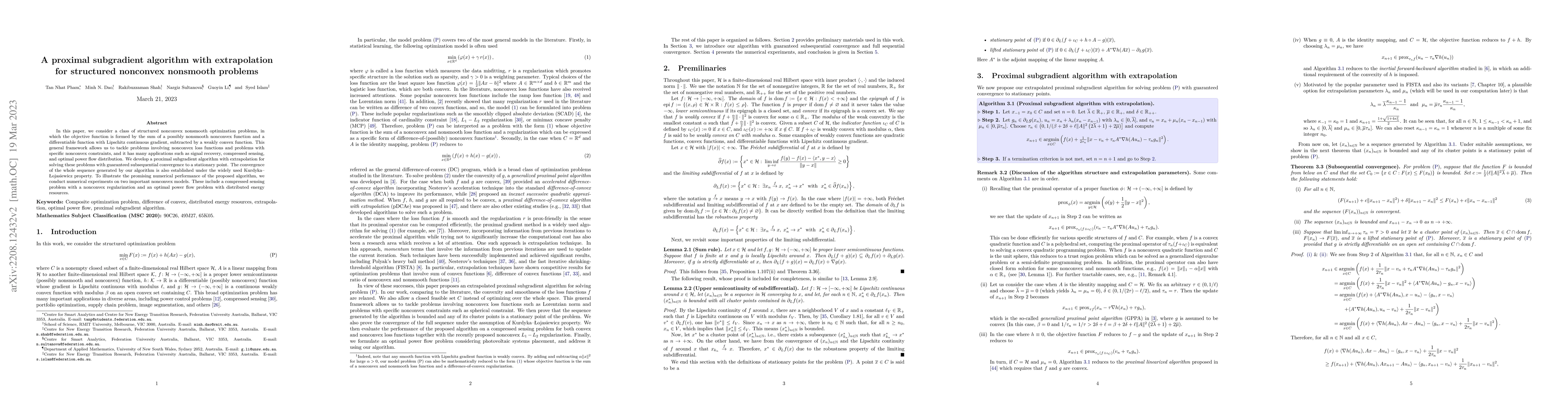 Thumbnail for A proximal subgradient algorithm with extrapolation for structured
  nonconvex nonsmooth problems