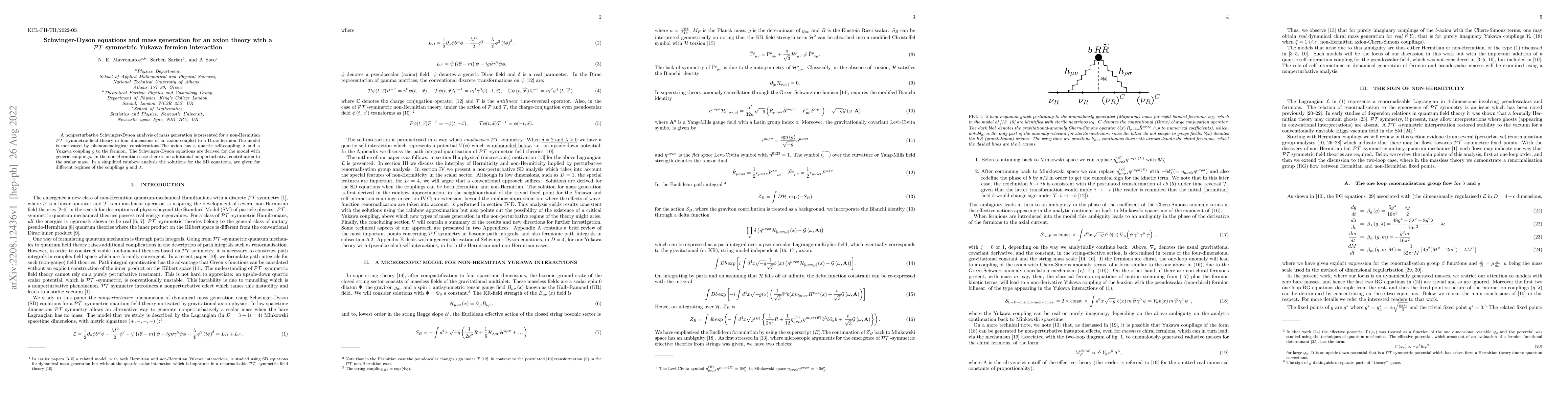 Thumbnail for Schwinger-Dyson equations and mass generation for an axion theory with a
  PT symmetric Yukawa fermion interaction