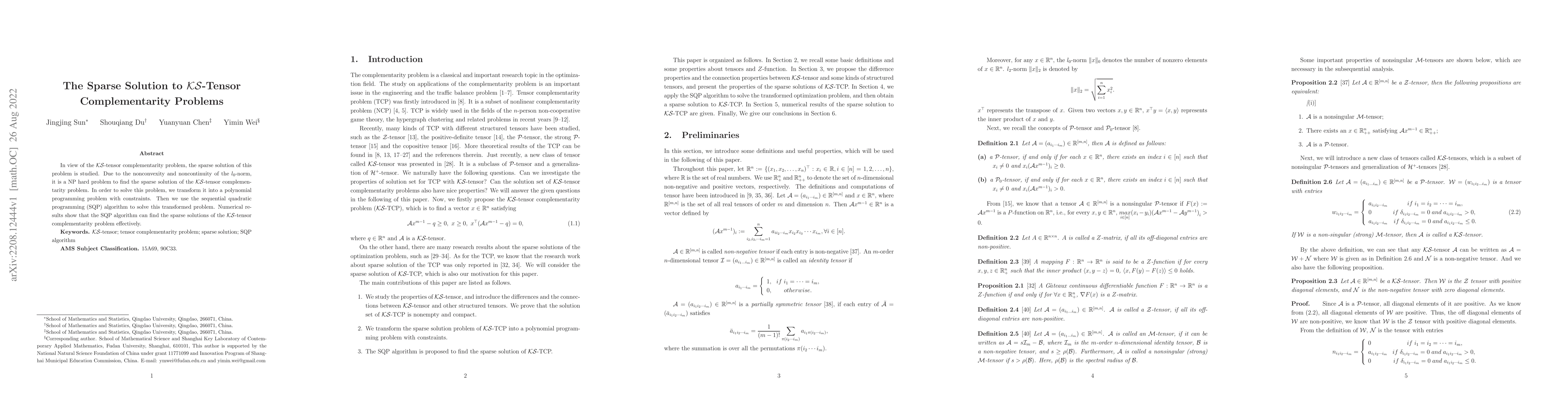 Thumbnail for The Sparse Solution to $\mathcal{KS}$-Tensor Complementarity Problems